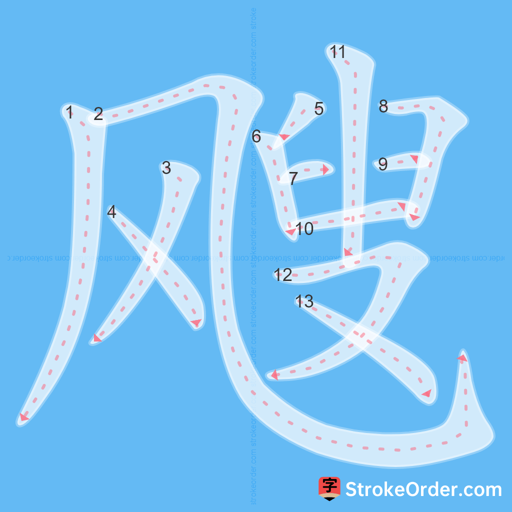 Standard stroke order for the Chinese character 飕