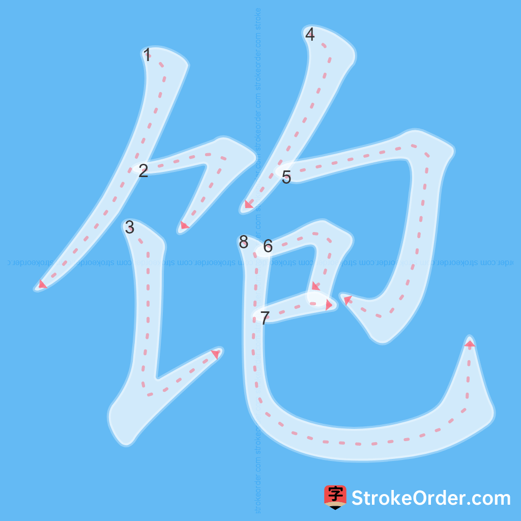 Standard stroke order for the Chinese character 饱