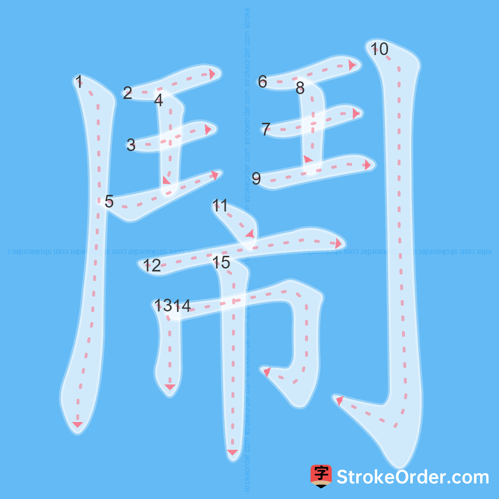 Standard stroke order for the Chinese character 鬧