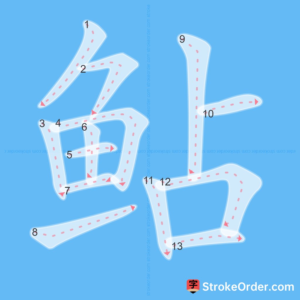 Standard stroke order for the Chinese character 鲇