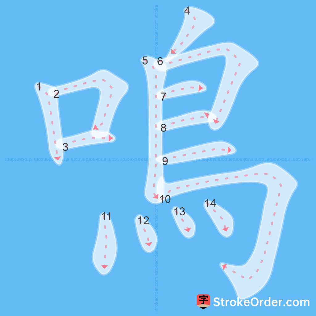 Standard stroke order for the Chinese character 鳴