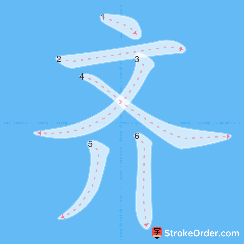 Standard stroke order for the Chinese character 齐