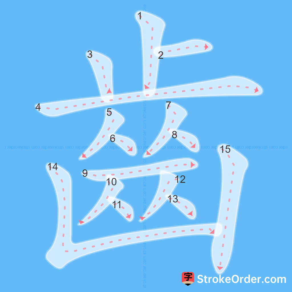 Standard stroke order for the Chinese character 齒