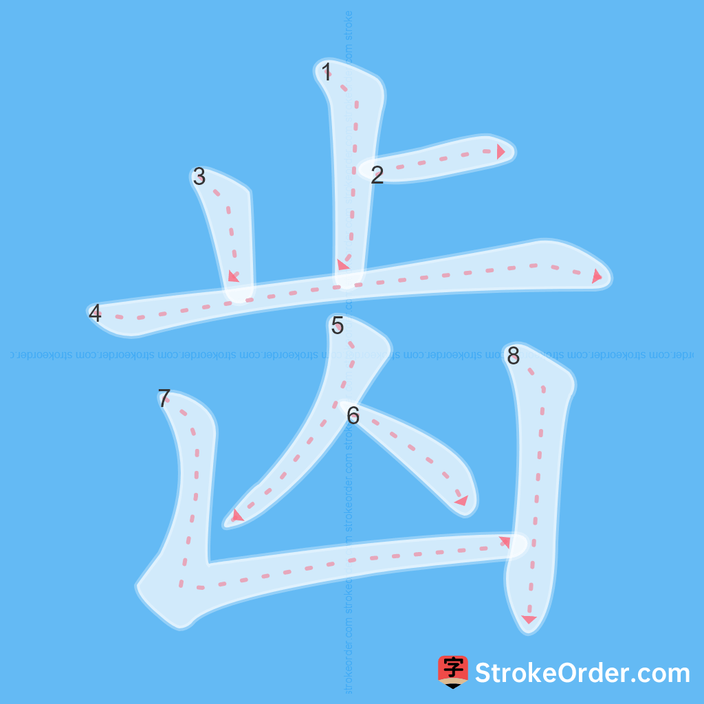 Standard stroke order for the Chinese character 齿