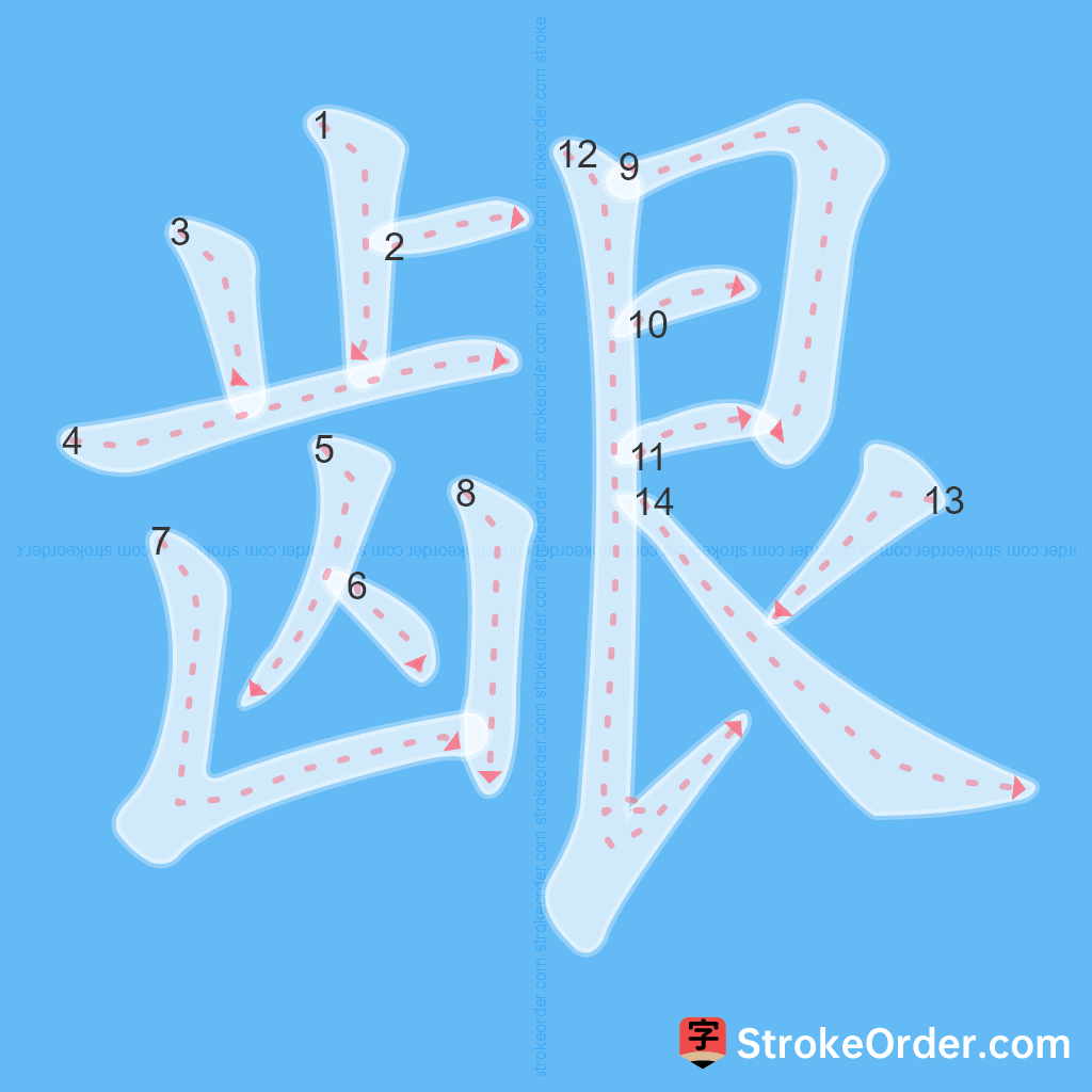 Standard stroke order for the Chinese character 龈