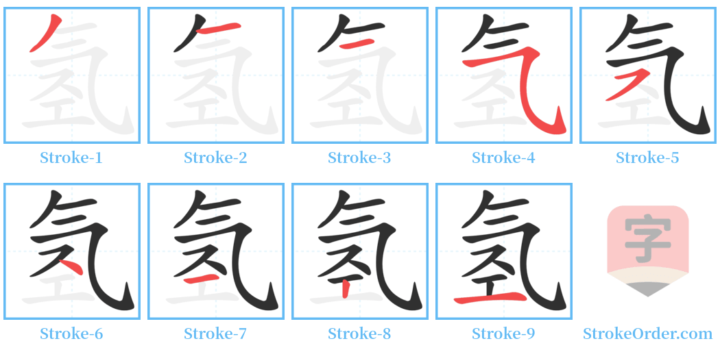 氢 Stroke Order Diagrams