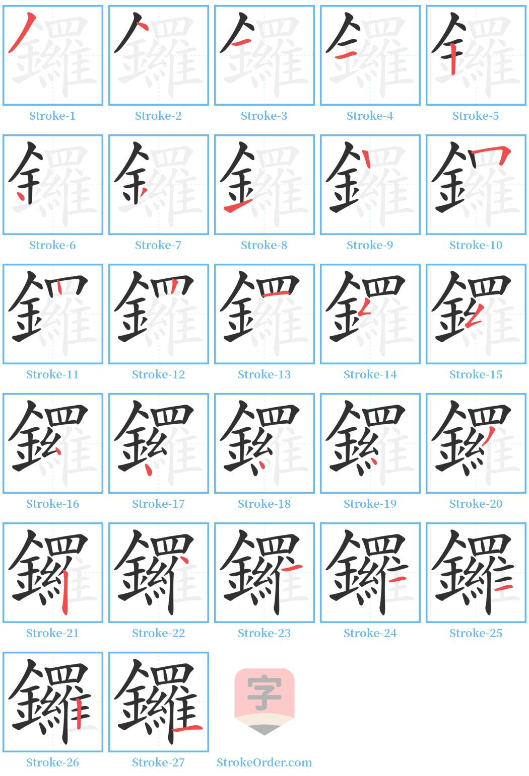 鑼 Stroke Order Diagrams